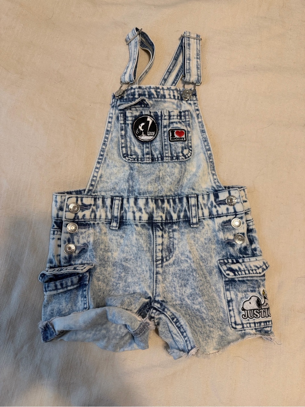 Justice Acid-Wash Denim Short Overalls - Light Blue